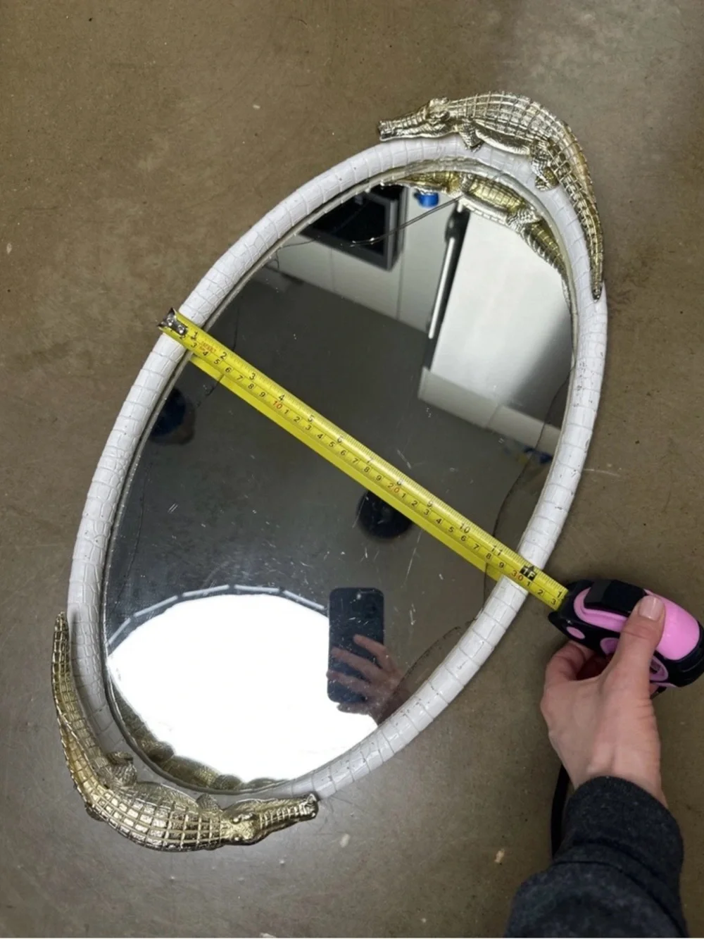 Oval White Croc-Texture Mirror Tray with Gold Crocodile Accents